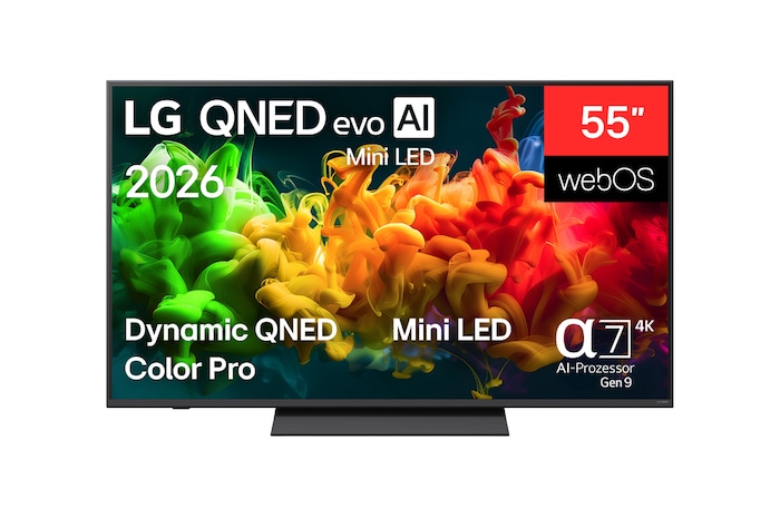 Die Vorderansicht des 2026 auf den Markt gebrachten LG QNED evo AI QNED80 Mini LED füllt den Bildschirm mit lebendigen, fließenden Farbspritzern mehrfarbiger, wie gemalt erscheinender Bewegung, wobei sich fein geschichtete Farben sanft über das Display verteilen.