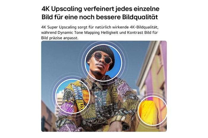 Ein LG QNED evo AI QNED80 Mini LED mit 4K Super Upscaling und Dynamic Tone Mapping zeigt eine Außenszene aus der Froschperspektive mit einem Mann zwischen farbenfrohen Gebäuden. KI erkennt die Szene und skaliert jedes Einzelbild auf 4K-Auflösung hoch.