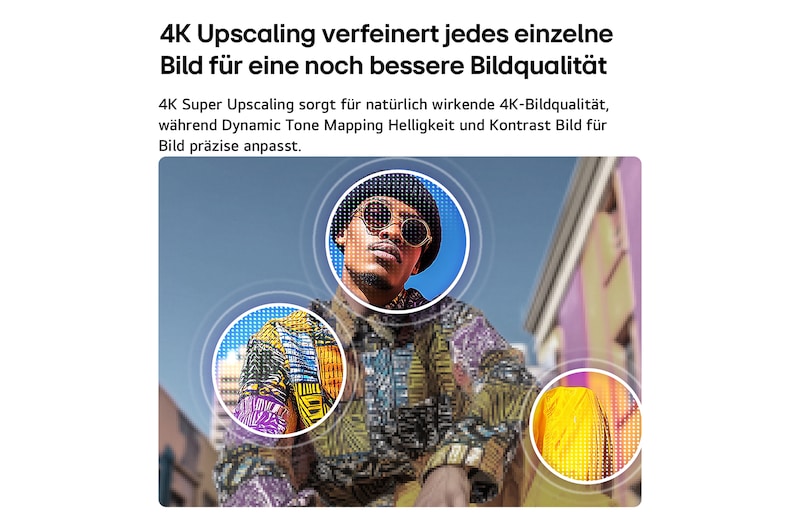 Ein LG QNED evo AI QNED80 Mini LED mit 4K Super Upscaling und Dynamic Tone Mapping zeigt eine Außenszene aus der Froschperspektive mit einem Mann zwischen farbenfrohen Gebäuden. KI erkennt die Szene und skaliert jedes Einzelbild auf 4K-Auflösung hoch.