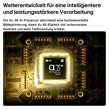 Ein alpha 7 AI Prozessor 4K Gen9 des LG QNED evo AI QNED80 Mini LED erstrahlt in der Mitte einer gelben Leiterplatte und verdeutlicht so eine intelligentere, leistungsfähigere KI-Verarbeitung, durch die die Klarheit von 4K-Bildern mit noch besserem Kontrast und noch größerer Tiefe gesteigert wird.