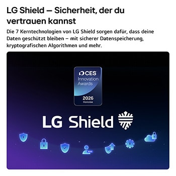 LG Shield, angewendet auf LG QNED evo AI QNED80 Mini LED, wird mit einem LG Shield-Logo in der Mitte, Sicherheitssymbolen darunter und einem 2026 CES Innovation Awards Honoree-Emblem darüber gezeigt, das für Daten- und Systemschutz steht.