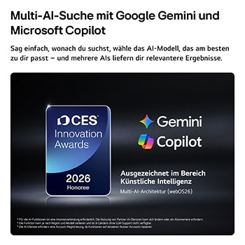 Das Emblem „CES Innovation Awards Honoree 2026“ in der Kategorie „Künstliche Intelligenz“ würdigt Multi AI Search mit Google Gemini und Microsoft Copilot.
