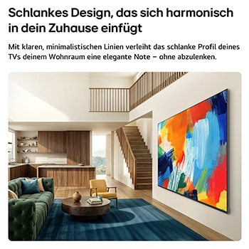 Ein in einem hellen, offenen Wohnbereich an die Wand montierter LG QNED evo AI QNED80 Mini LED in Slim Design zeichnet sich durch ein schnittiges Profil aus, das sich nahtlos in die Inneneinrichtung einfügt. Der Bildschirm zeigt ein auffälliges, farbenfrohes abstraktes Kunstwerk.