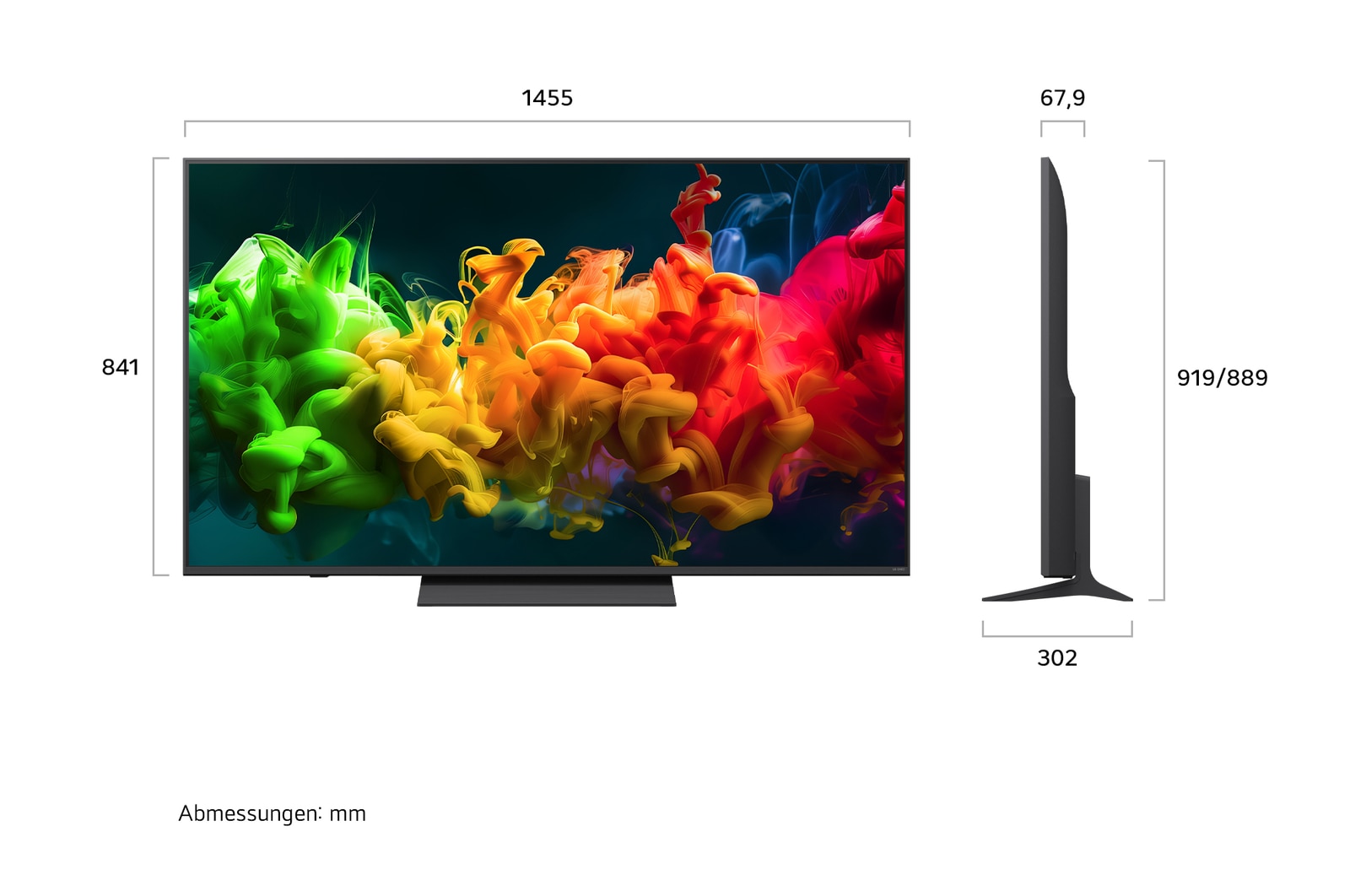 Ein LG QNED evo AI QNED80 Mini LED, hier gezeigt in Vorder- und Seitenansicht, hat ein 43-Zoll-Display mit einer Bildschirmbreite von 968 mm und einer Bildschirmhöhe von 567 mm, eine Höhe von 621 mm mit Fuß, eine Profiltiefe von 67,9 mm und eine Standfläche von 892 x 200 mm.