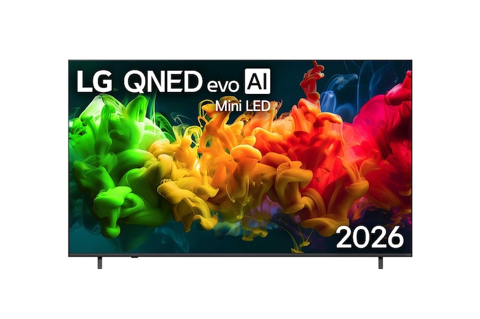 Die Vorderansicht des 2026 auf den Markt gebrachten LG QNED evo AI QNED80 Mini LED füllt den Bildschirm mit lebendigen, fließenden Spritzern mehrfarbiger, wie gemalt erscheinender Bewegung, wobei sich fein geschichtete Farben sanft über das Display verteilen.