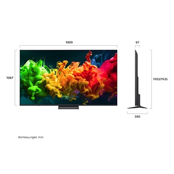 Ein LG QNED evo AI QNED80 Mini LED, hier gezeigt in Vorder- und Seitenansicht, hat ein 85-Zoll-Display mit einer Bildschirmbreite von 1.889 mm und einer Bildschirmhöhe von 1.087 mm, eine Höhe von 1.149 mm mit Fuß, eine Profiltiefe von 67 mm und eine Standfläche von 1.565 x 362 mm.