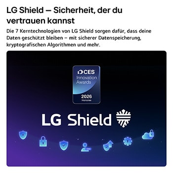 LG Shield, angewendet auf LG QNED evo AI QNED80 Mini LED, wird mit einem LG Shield-Logo in der Mitte, Sicherheitssymbolen darunter und einem 2026 CES Innovation Awards Honoree-Emblem darüber gezeigt, das für Daten- und Systemschutz steht.