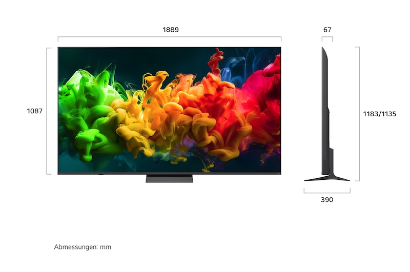 Ein LG QNED evo AI QNED80 Mini LED, hier gezeigt in Vorder- und Seitenansicht, hat ein 85-Zoll-Display mit einer Bildschirmbreite von 1.889 mm und einer Bildschirmhöhe von 1.087 mm, eine Höhe von 1.149 mm mit Fuß, eine Profiltiefe von 67 mm und eine Standfläche von 1.565 x 362 mm.