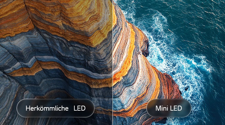 Ein LG QNED evo AI QNED82 Mini LED verdeutlicht anhand einer geteilten Küstenklippenszene, wie „Mini LED“ schärfere Felsstrukturen und klarere Meeresdetails als herkömmliche LEDs hervorbringt und tieferes Schwarz sowie verfeinerte Kontraste mit mehr Klarheit und Tiefe erzeugt.
