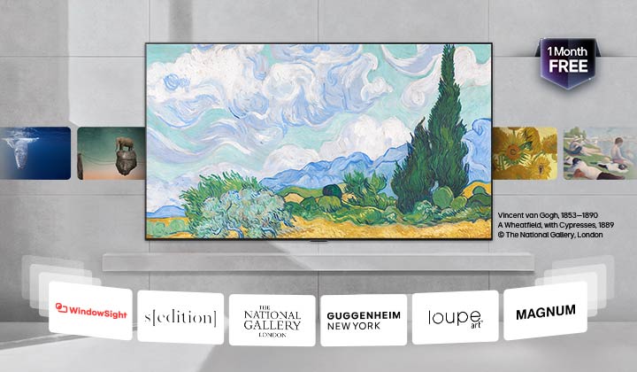 Ein LG QNED evo AI QNED82 Mini LED mit LG Gallery+ zeigt kuratierte Kunstwerke in einem Innenbereich, wobei die Kunstwerke abwechselnd gezeigt werden, zusammen mit Verweisen auf Partnermuseen und der Anzeige „1 Monat kostenlos“. 