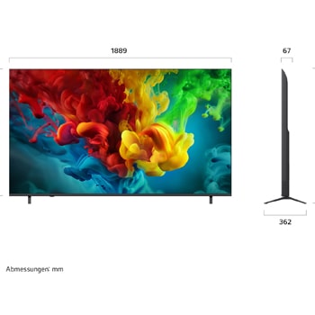 Ein LG QNED evo AI QNED82 Mini LED, hier gezeigt in Vorder- und Seitenansicht, hat ein 85-Zoll-Display mit einer Bildschirmbreite von 1.889 mm und einer Bildschirmhöhe von 1.087 mm, eine Höhe von 1.149 mm mit Fuß, eine Profiltiefe von 67 mm und eine Standfläche von 1.565 x 362 mm.