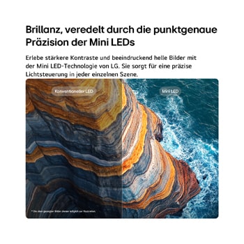 Ein LG QNED evo AI QNED82 Mini LED verdeutlicht anhand einer geteilten Küstenklippenszene, wie „Mini LED“ schärfere Felsstrukturen und klarere Meeresdetails als herkömmliche LEDs hervorbringt und tieferes Schwarz sowie verfeinerte Kontraste mit mehr Klarheit und Tiefe erzeugt.