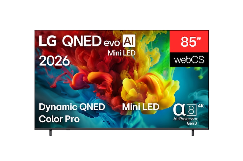 Vorderseite von 85″ LG QNED evo AI QNED82 Mini LED 4K Smart TV 2026 85QNED82B6A