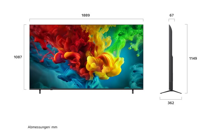 Ein LG QNED evo AI QNED82 Mini LED, hier gezeigt in Vorder- und Seitenansicht, hat ein 85-Zoll-Display mit einer Bildschirmbreite von 1.889 mm und einer Bildschirmhöhe von 1.087 mm, eine Höhe von 1.149 mm mit Fuß, eine Profiltiefe von 67 mm und eine Standfläche von 1.565 x 362 mm.