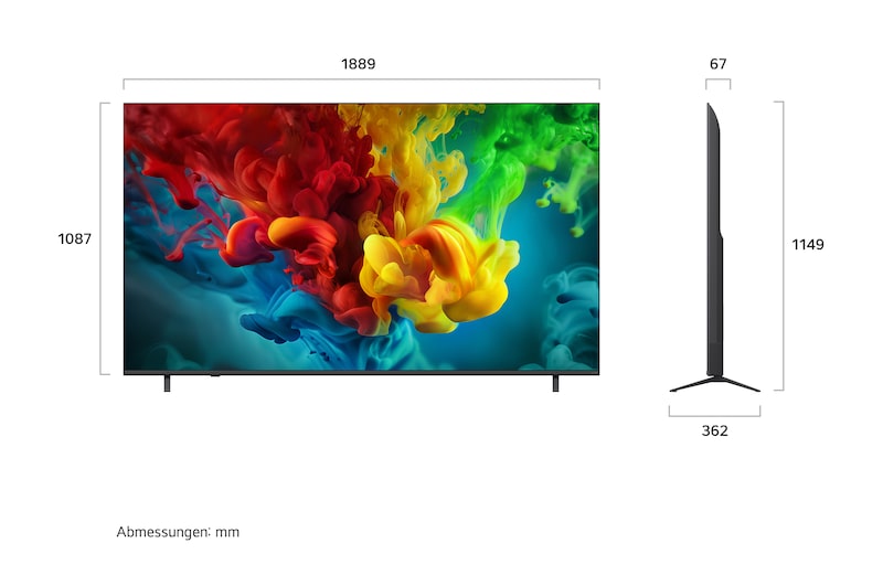 Ein LG QNED evo AI QNED82 Mini LED, hier gezeigt in Vorder- und Seitenansicht, hat ein 85-Zoll-Display mit einer Bildschirmbreite von 1.889 mm und einer Bildschirmhöhe von 1.087 mm, eine Höhe von 1.149 mm mit Fuß, eine Profiltiefe von 67 mm und eine Standfläche von 1.565 x 362 mm.
