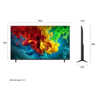 Ein LG QNED evo AI QNED82 Mini LED, hier gezeigt in Vorder- und Seitenansicht, hat ein 65-Zoll-Display mit einer Bildschirmbreite von 1455 mm und einer Bildschirmhöhe von 841 mm, eine Höhe von 904 mm mit Fuß, eine Profiltiefe von 67.9 mm und eine Standfläche von 1455x 269 mm.