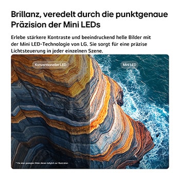 Ein LG QNED evo AI QNED82 Mini LED verdeutlicht anhand einer geteilten Küstenklippenszene, wie „Mini LED“ schärfere Felsstrukturen und klarere Meeresdetails als herkömmliche LEDs hervorbringt und tieferes Schwarz sowie verfeinerte Kontraste mit mehr Klarheit und Tiefe erzeugt.