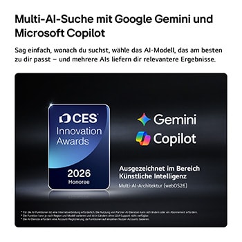 LG Shield, angewendet auf LG QNED evo AI QNED82 Mini LED, wird mit einem LG Shield-Logo in der Mitte, Sicherheitssymbolen darunter und einem 2026 CES Innovation Awards Honoree-Emblem darüber gezeigt, das für Daten- und Systemschutz steht. 