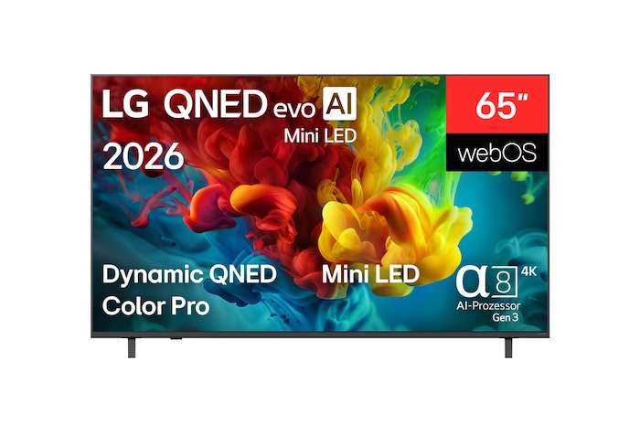 Die Vorderansicht des 2026 auf den Markt gebrachten LG QNED evo AI QNED82 Mini LED zeigt einen mit einem mit lebendigen, fließenden Spritzern dichter Wolken aus Farbe gefüllten Bildschirm. Das Gerät ist ausgestattet mit Dynamic QNED Color Pro, Mini LED, einem alpha 8 AI Prozessor 4K Gen3, webOS und einem 65-Zoll-Display.