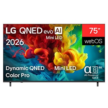 Vorderseite von 75″ LG QNED evo AI QNED82 Mini LED 4K Smart TV 2026 75QNED82B6A