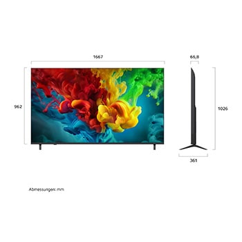 Ein LG QNED evo AI QNED82 Mini LED, hier gezeigt in Vorder- und Seitenansicht, hat ein 75-Zoll-Display mit einer Bildschirmbreite von 1667mm und einer Bildschirmhöhe von 962mm, eine Höhe von 1026 mm mit Fuß, eine Profiltiefe von 66.8 mm und eine Standfläche von 1667x 361mm.