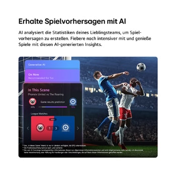 Ein LG QNED evo AI QNED82 Mini LED mit Sportvorschau von AI Concierge zeigt ein Live-Fußballspiel mit einem KI-Panel auf dem Bildschirm. Das Panel zeigt Vorhersagen, Spielinformationen und Ligadaten an und verdeutlicht, wie KI das Spielgeschehen analysiert, um Spielergebnisse vorherzusagen. 