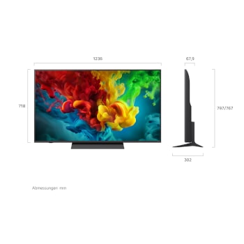 Ein LG QNED evo AI QNED82 Mini LED, hier gezeigt in Vorder- und Seitenansicht, hat ein 85-Zoll-Display mit einer Bildschirmbreite von 1.889 mm und einer Bildschirmhöhe von 1.087 mm, eine Höhe von 1.149 mm mit Fuß, eine Profiltiefe von 67 mm und eine Standfläche von 1.565 x 362 mm.
