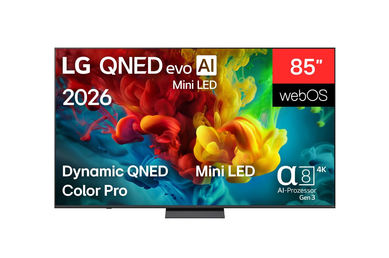 Vorderseite von 85″ LG QNED evo AI QNED83 Mini LED 4K Smart TV 2026 85QNED83B6A