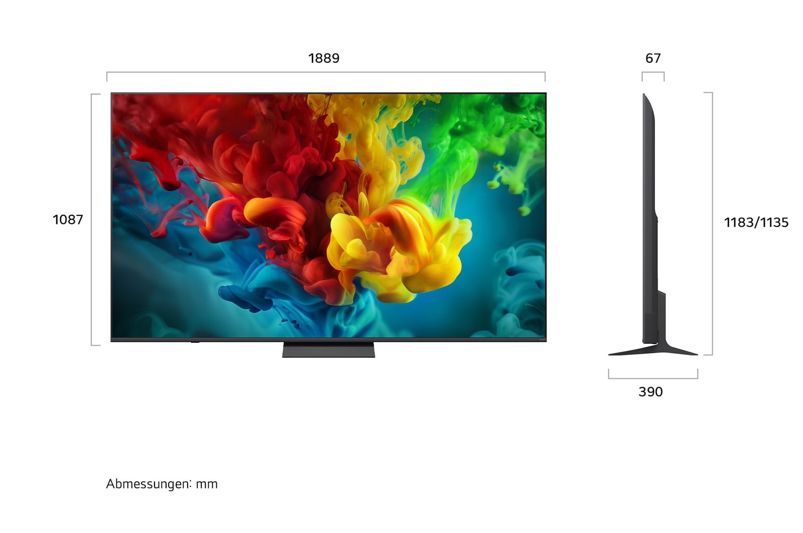 Ein LG QNED evo AI QNED82 Mini LED, hier gezeigt in Vorder- und Seitenansicht, hat ein 85-Zoll-Display mit einer Bildschirmbreite von 1.889 mm und einer Bildschirmhöhe von 1.087 mm, eine Höhe von 1.149 mm mit Fuß, eine Profiltiefe von 67 mm und eine Standfläche von 1.565 x 362 mm.