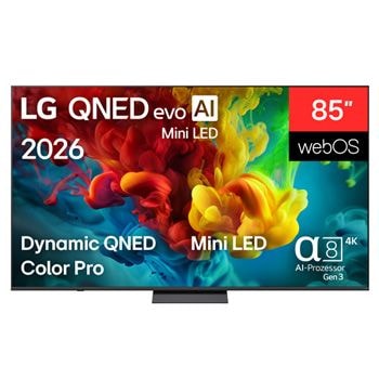Vorderseite von 85″ LG QNED evo AI QNED83 Mini LED 4K Smart TV 2026 85QNED83B6A