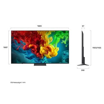 Ein LG QNED evo AI QNED82 Mini LED, hier gezeigt in Vorder- und Seitenansicht, hat ein 85-Zoll-Display mit einer Bildschirmbreite von 1.889 mm und einer Bildschirmhöhe von 1.087 mm, eine Höhe von 1.149 mm mit Fuß, eine Profiltiefe von 67 mm und eine Standfläche von 1.565 x 362 mm.