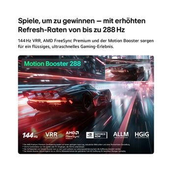 Ein LG QNED evo AI QNED82 Mini LED für ultimatives Gameplay zeigt eine lebendige, schnelllebige Rennszene mit einem Vergleichsbild, um Motion Booster 288 hervorzuheben. Zudem werden 144Hz, VRR, AMD FreeSync, ALLM, HGiG und GeForce NOW unterstützt.