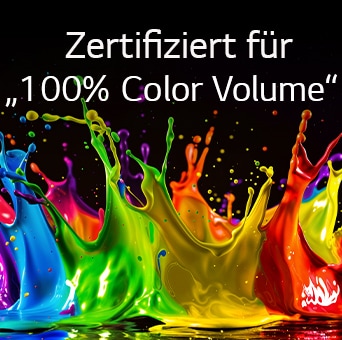 Ein LG QNED evo AI QNED85 Mini LED mit Dynamic QNED Color Pro füllt den Bildschirm mit lebendigen, fließenden Farbspritzern in mehrfarbigen, wie gemalt erscheinenden Bewegungen und verdeutlicht so die weiterentwickelte Farbintensität mit Zertifikat „100% Color Volume“.