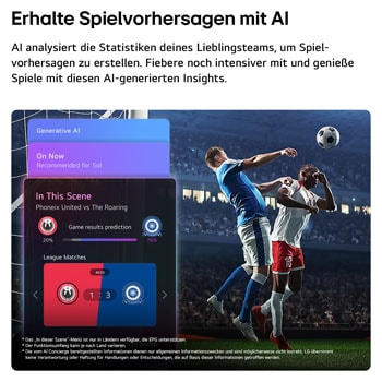Ein LG QNED evo AI QNED85 Mini LED mit Sports Forecast by AI Concierge zeigt ein Live-Fußballspiel mit einem KI-Panel auf dem Bildschirm. Das Panel zeigt Vorhersagen, Informationen zu Spielern und Daten zur Liga an und verdeutlicht, wie KI das Spielgeschehen analysiert, um Spielergebnisse vorherzusagen. 