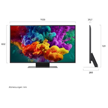 Ein LG QNED evo AI QNED85 Mini LED, hier gezeigt in Vorder- und Seitenansicht, hat ein 50-Zoll-Display mit einer Bildschirmbreite von 1.123 mm und einer Bildschirmhöhe von 652 mm, eine Höhe von 720 mm mit Fuß, eine Profiltiefe von nur 29,7 mm und eine Standfläche von 941 x 257 mm.