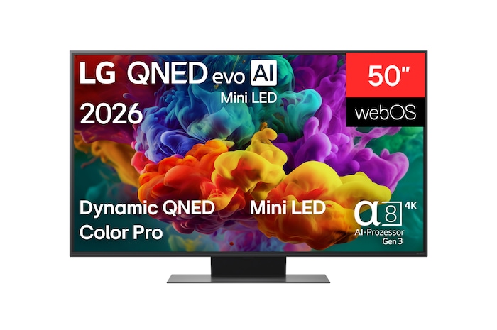 Die Vorderansicht des 2026 auf den Markt gebrachten LG QNED evo AI QNED85 Mini LED füllt den Bildschirm mit lebendigen, fließenden Farbspritzern mehrfarbiger, wie gemalt erscheinender Bewegung, wobei sich fein geschichtete Wolken von Farben sanft über das Display verteilen.