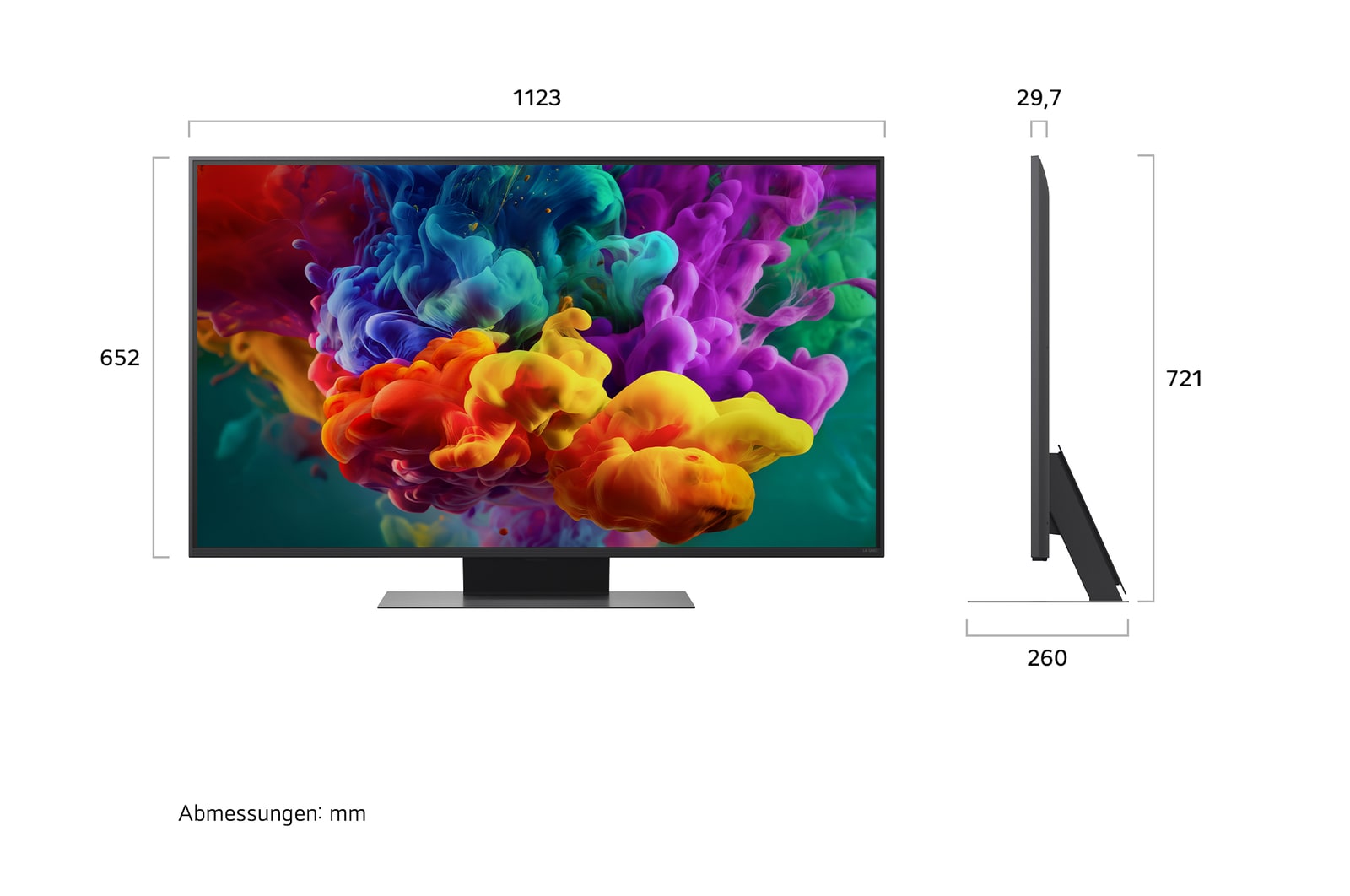 Ein LG QNED evo AI QNED85 Mini LED, hier gezeigt in Vorder- und Seitenansicht, hat ein 50-Zoll-Display mit einer Bildschirmbreite von 1.123 mm und einer Bildschirmhöhe von 652 mm, eine Höhe von 720 mm mit Fuß, eine Profiltiefe von nur 29,7 mm und eine Standfläche von 941 x 257 mm.