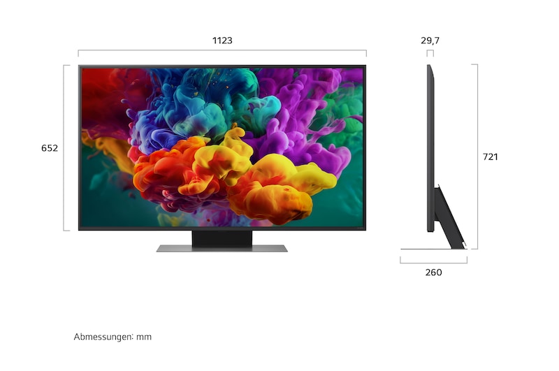 Ein LG QNED evo AI QNED85 Mini LED, hier gezeigt in Vorder- und Seitenansicht, hat ein 50-Zoll-Display mit einer Bildschirmbreite von 1.123 mm und einer Bildschirmhöhe von 652 mm, eine Höhe von 720 mm mit Fuß, eine Profiltiefe von nur 29,7 mm und eine Standfläche von 941 x 257 mm.