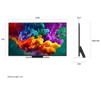 Ein LG QNED evo AI QNED85 Mini LED, hier gezeigt in Vorder- und Seitenansicht, hat ein 55-Zoll-Display mit einer Bildschirmbreite von 1.236 mm und einer Bildschirmhöhe von 716 mm, eine Höhe von 783 mm mit Fuß, eine Profiltiefe von nur 29,7 mm und eine Standfläche von 1.074 x 257 mm.