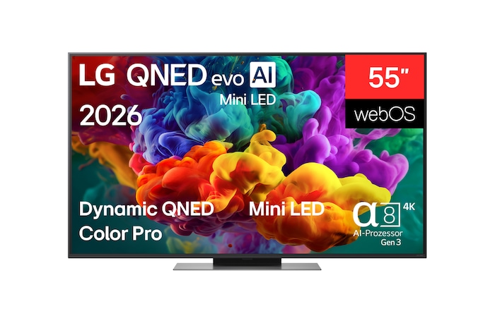 Die Vorderansicht des 2026 auf den Markt gebrachten LG QNED evo AI QNED85 Mini LED füllt den Bildschirm mit lebendigen, fließenden Farbspritzern mehrfarbiger, wie gemalt erscheinender Bewegung, wobei sich fein geschichtete Wolken von Farben sanft über das Display verteilen.
