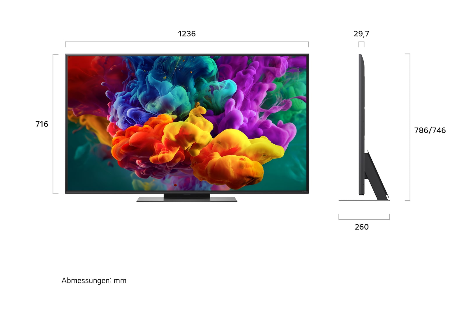 Ein LG QNED evo AI QNED85 Mini LED, hier gezeigt in Vorder- und Seitenansicht, hat ein 55-Zoll-Display mit einer Bildschirmbreite von 1.236 mm und einer Bildschirmhöhe von 716 mm, eine Höhe von 783 mm mit Fuß, eine Profiltiefe von nur 29,7 mm und eine Standfläche von 1.074 x 257 mm.