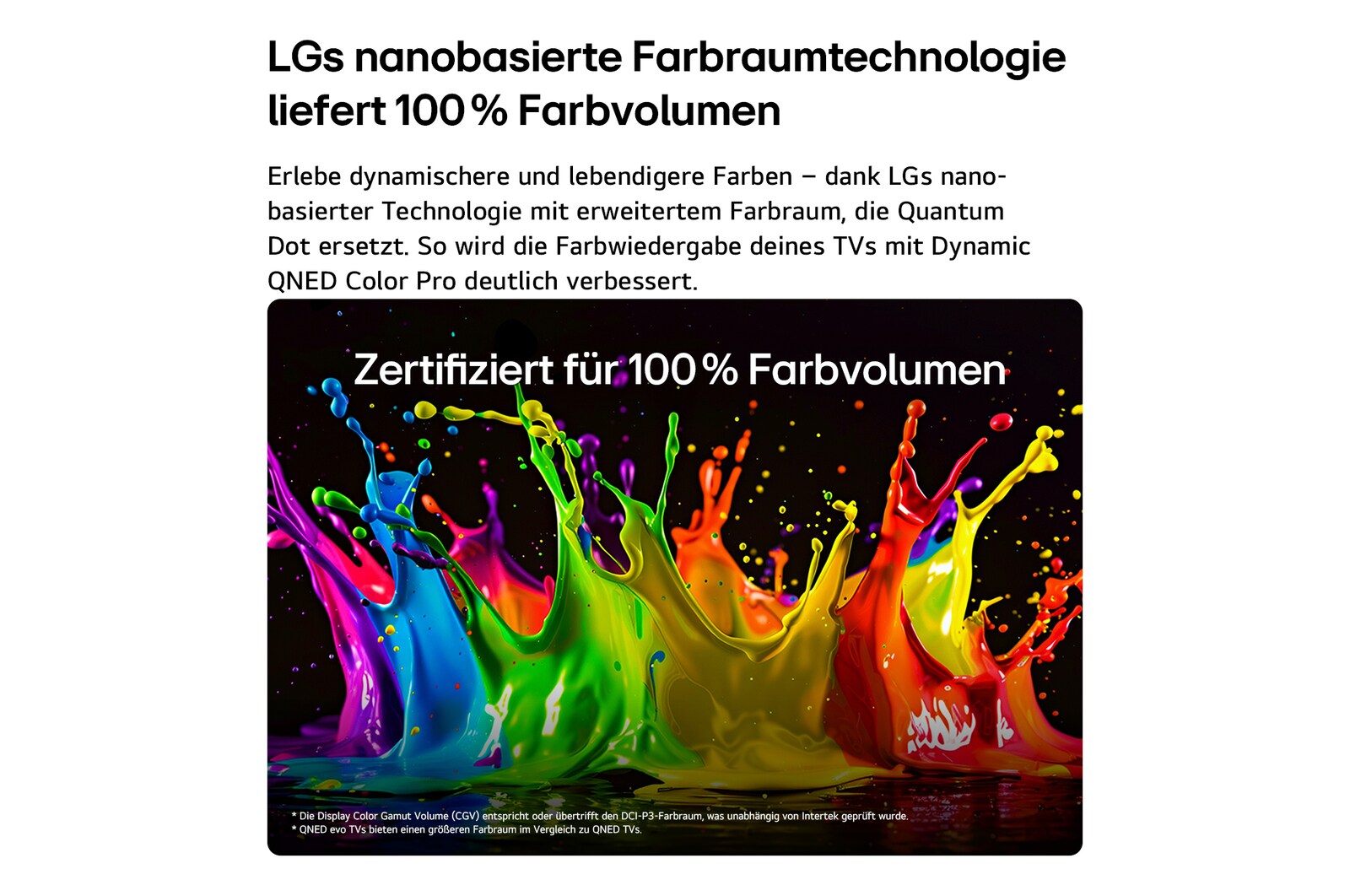 Ein LG QNED evo AI QNED85 Mini LED mit Dynamic QNED Color Pro füllt den Bildschirm mit lebendigen, fließenden Farbspritzern in mehrfarbigen, wie gemalt erscheinenden Bewegungen und verdeutlicht so die weiterentwickelte Farbintensität mit Zertifikat „100% Color Volume“.