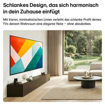 Ein in einem hellen, offenen Wohnbereich an die Wand montierter LG QNED evo AI QNED85 Mini LED in superschlankem Design fügt sich nahtlos in die Inneneinrichtung ein. Der Bildschirm zeigt ein auffälliges geometrisches abstraktes Kunstwerk.