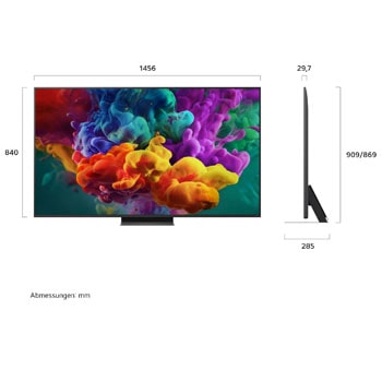 Ein LG QNED evo AI QNED85 Mini LED, hier gezeigt in Vorder- und Seitenansicht, hat ein 65-Zoll-Display mit einer Bildschirmbreite von 1.456 mm und einer Bildschirmhöhe von 840 mm, eine Höhe von 904 mm mit Fuß, eine Profiltiefe von nur 29,7 mm und eine Standfläche von 1.167/425 x 295 mm.