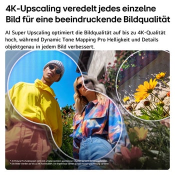 Ein LG QNED evo AI QNED85 Mini LED mit AI Picture Pro und Dynamic Tone Mapping Pro zeigt eine Lifestyle-Szene im Freien aus der Froschperspektive mit zwei Personen zwischen lebendigen Blumen. KI erkennt jedes Einzelbild und skaliert es auf 4K hoch, um eine klarere Textur und mehr Details zu erzielen.