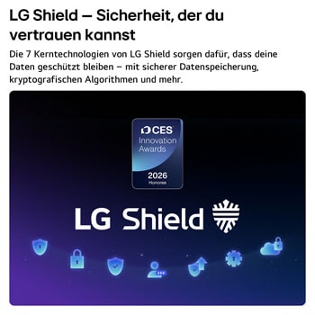 LG Shield, angewendet auf LG QNED evo AI QNED85 Mini LED, wird mit einem LG Shield-Logo in der Mitte, Sicherheitssymbolen darunter und einem 2026 CES Innovation Awards Honoree-Emblem darüber gezeigt, das für Daten- und Systemschutz steht.