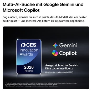 Das Emblem „CES Innovation Awards Honoree 2026“ in der Kategorie „Künstliche Intelligenz“ würdigt Multi AI Search mit Google Gemini und Microsoft Copilot.