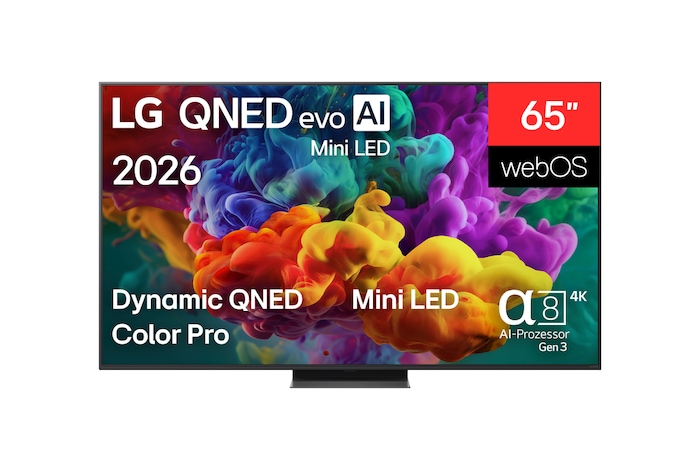 Die Vorderansicht des 2026 auf den Markt gebrachten LG QNED evo AI QNED85 Mini LED füllt den Bildschirm mit lebendigen, fließenden Farbspritzern mehrfarbiger, wie gemalt erscheinender Bewegung, wobei sich fein geschichtete Wolken von Farben sanft über das Display verteilen.
