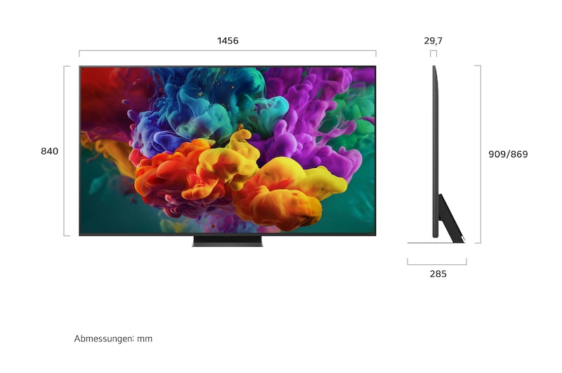 Ein LG QNED evo AI QNED85 Mini LED, hier gezeigt in Vorder- und Seitenansicht, hat ein 65-Zoll-Display mit einer Bildschirmbreite von 1.456 mm und einer Bildschirmhöhe von 840 mm, eine Höhe von 904 mm mit Fuß, eine Profiltiefe von nur 29,7 mm und eine Standfläche von 1.167/425 x 295 mm.