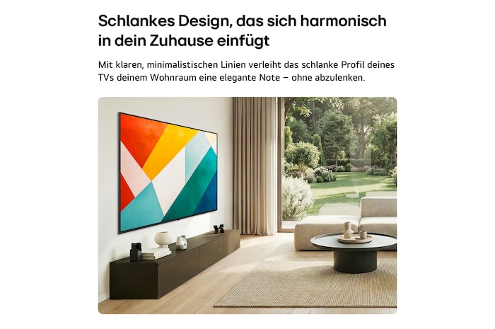 Ein in einem hellen, offenen Wohnbereich an die Wand montierter LG QNED evo AI QNED85 Mini LED in superschlankem Design fügt sich nahtlos in die Inneneinrichtung ein. Der Bildschirm zeigt ein auffälliges geometrisches abstraktes Kunstwerk.